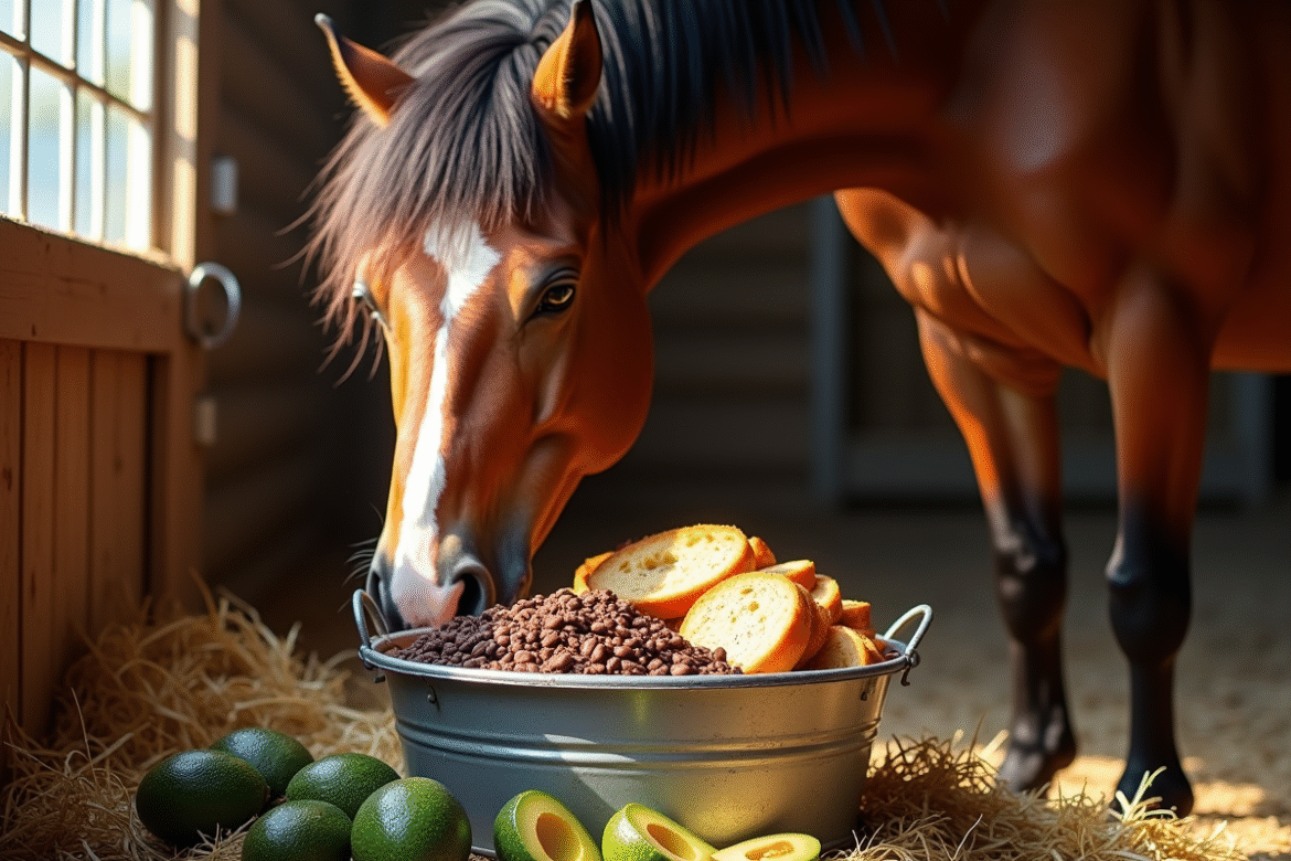 Cheval dans une stalle reniflant des aliments interdits comme chocolat et avocats