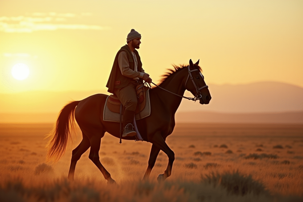 Homme Mongol à cheval dans la steppe au lever du soleil