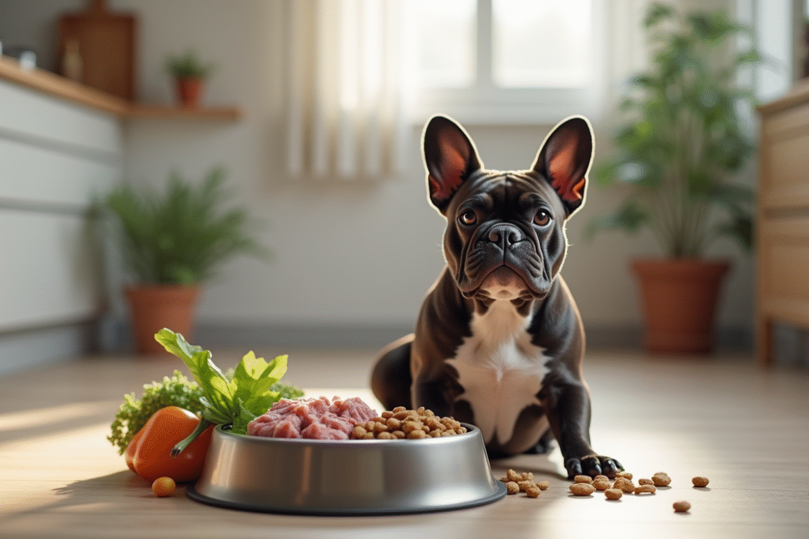 Bulldog exotique français avec nourriture saine à côté