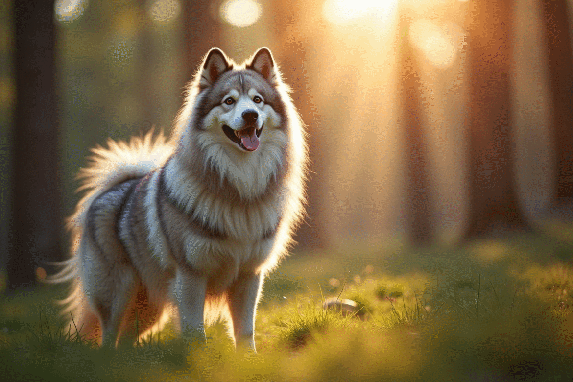 Keeshond majestueux dans la forêt en lumière naturelle