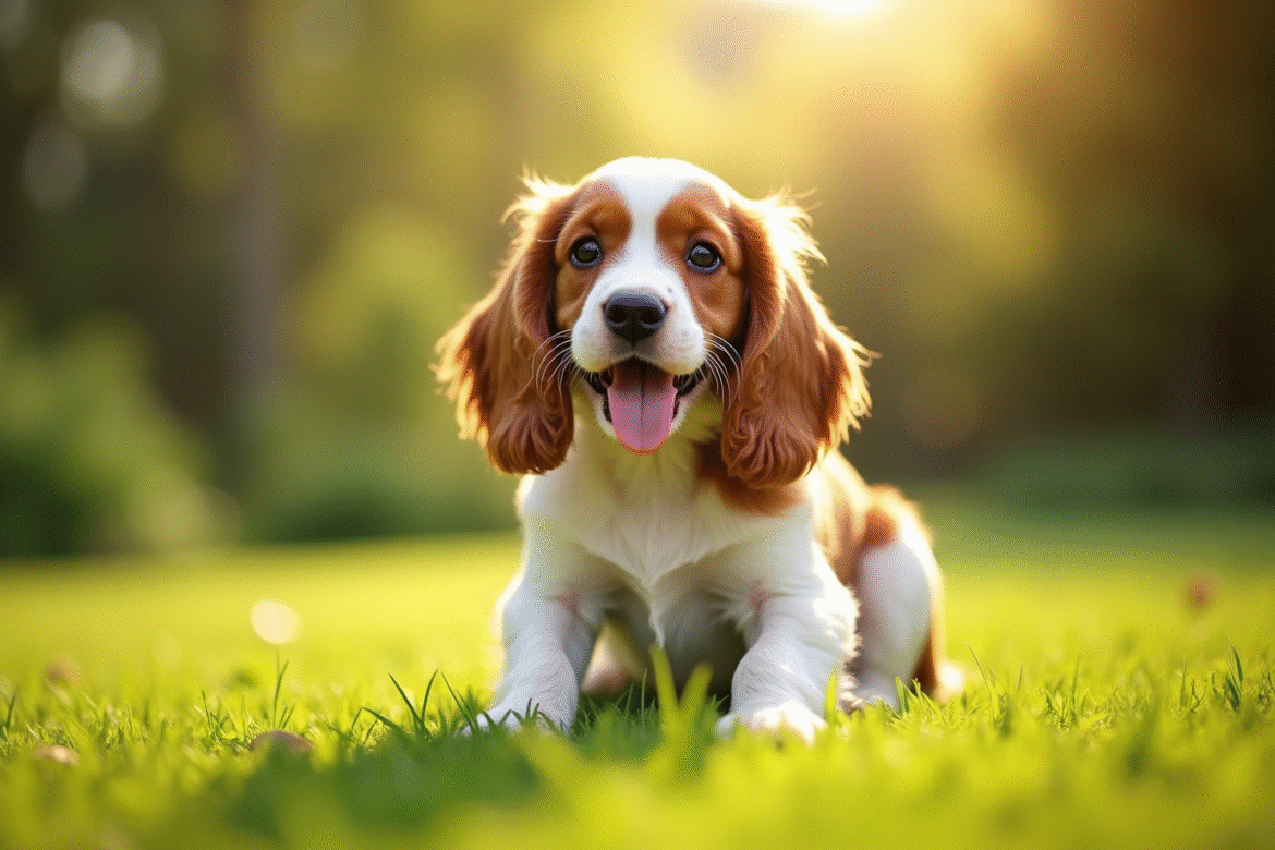 Chiot cocker spaniel joyeux sur pelouse verte en plein jour