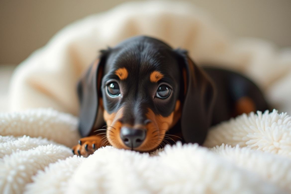 Chiot teckel blanc sur couverture douce en lumière naturelle