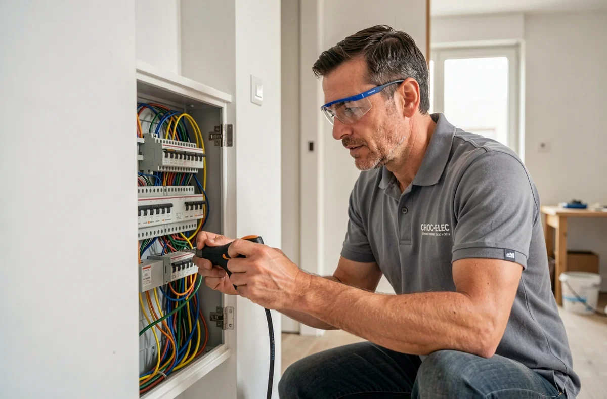 Électricien CHOC-ELEC câblant un tableau électrique dans un appartement parisien en rénovation