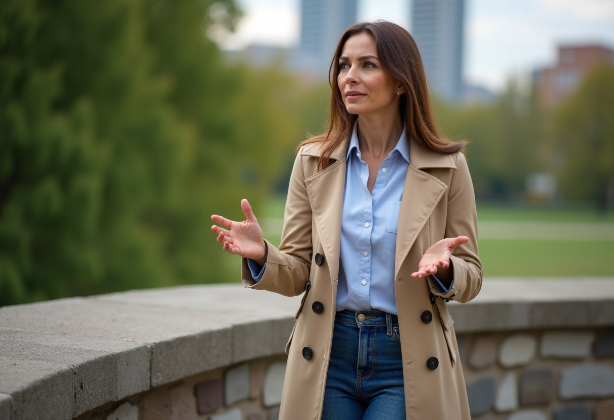 Clara dans un parc urbain en trench beige
