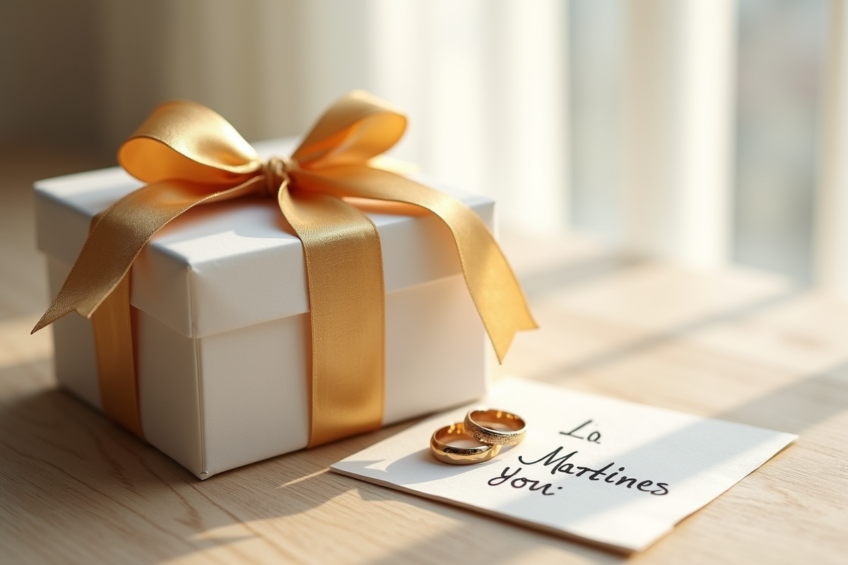 Coffret cadeau avec ruban doré et alliances sur une surface en bois