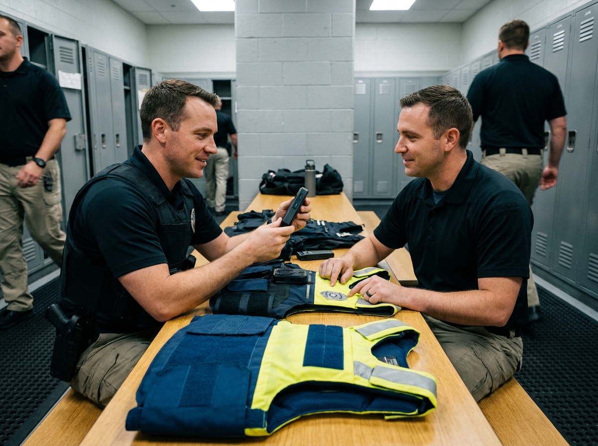 Deux agents de sécurité comparant un gilet discret et un gilet apparent dans une salle d'équipement professionnelle, illustrant les différentes options de port selon le service