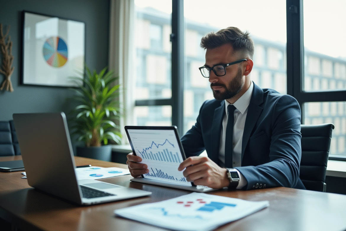 Conseiller financier analysant des graphiques dans un bureau moderne