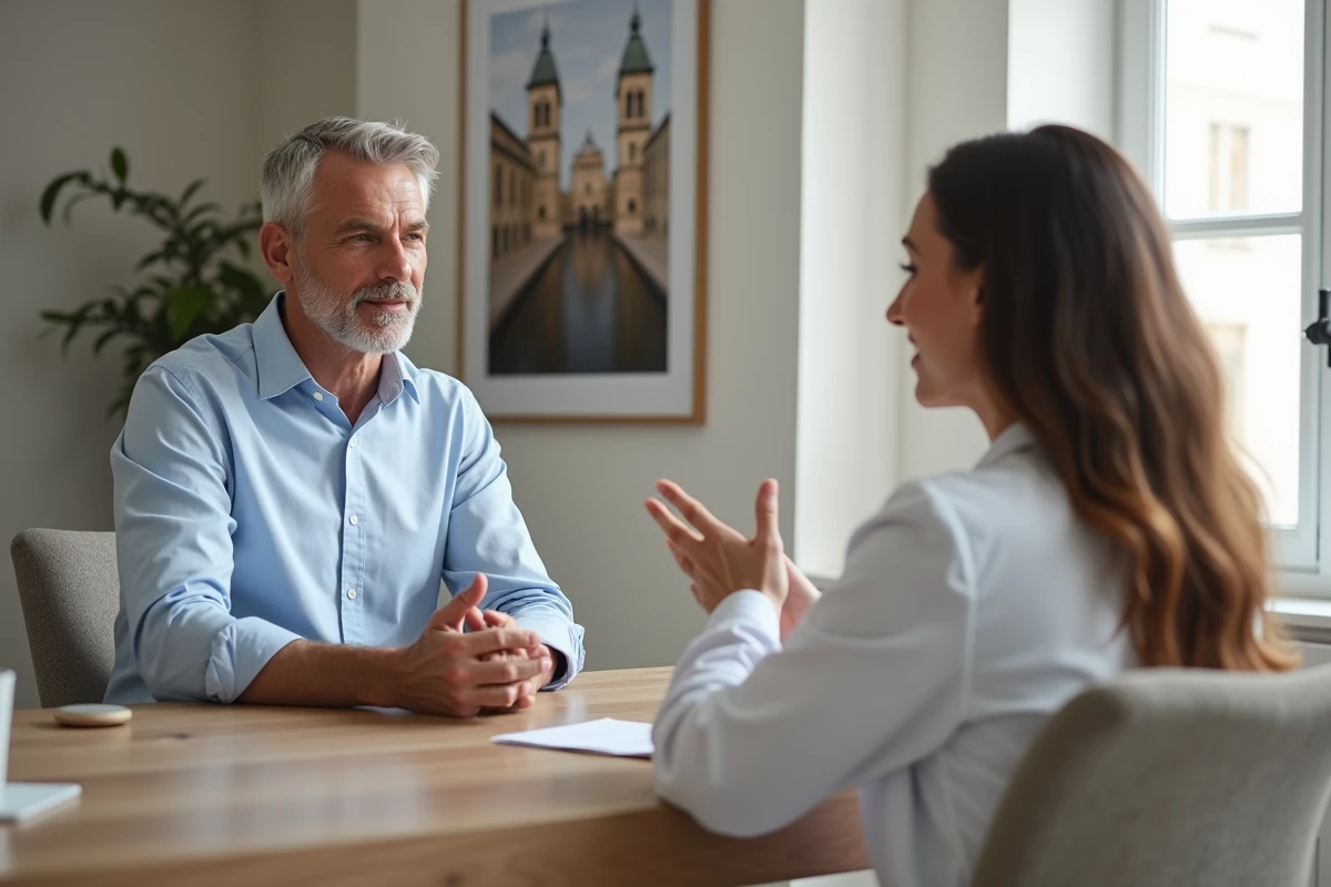 Homme parlant avec une dermatologue dans un cabinet professionnel
