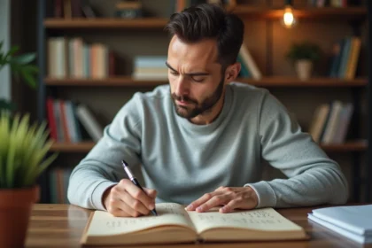 Homme écrivant des chiffres romains et arabes dans un carnet kraft, conversion mathématique à la main