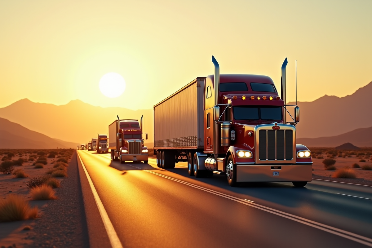 Convoi de camions américains sur une route désertique au coucher du soleil