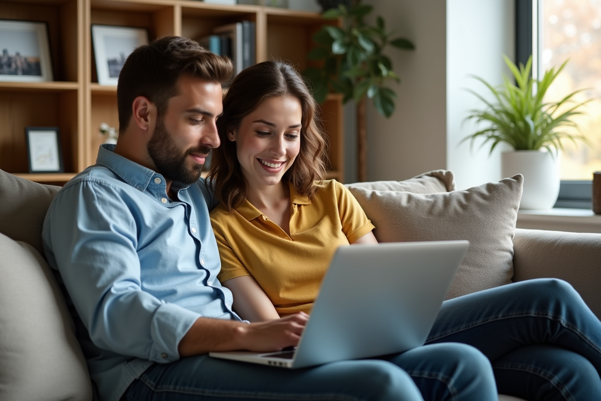 Jeune couple analysant des graphiques immobiliers à la maison