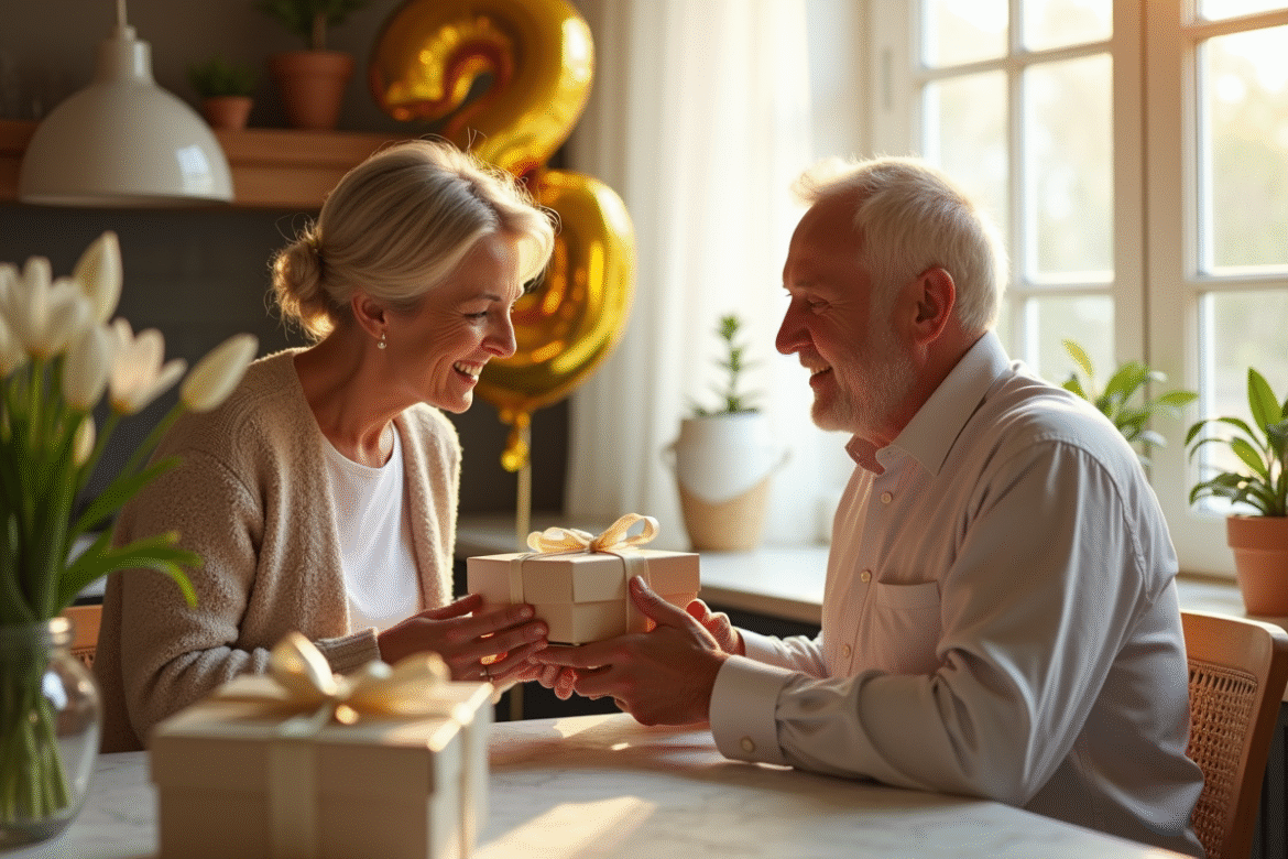 Couple souriant échangeant des cadeaux élégants dans une cuisine lumineuse