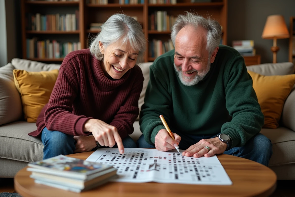Deux adultes collaborant ensemble sur une grille de mots croisés dans un salon convivial et chaleureux
