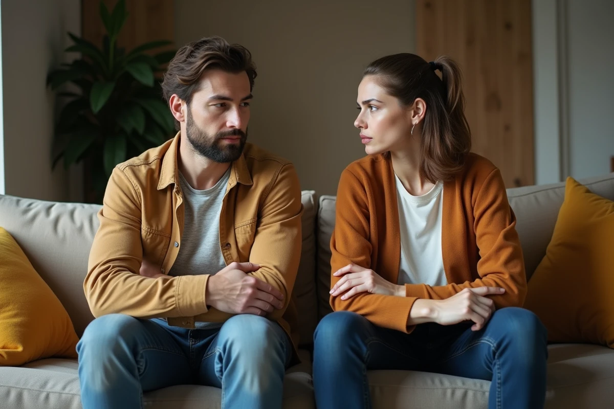 Couple assis en silence sur un canapé avec une distance émotionnelle visible, illustrant la dynamique narcissique dans une relation