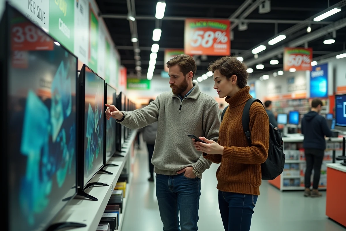 Couple français comparant les offres et promotions dans un magasin d'électronique lors du Black Friday 2026