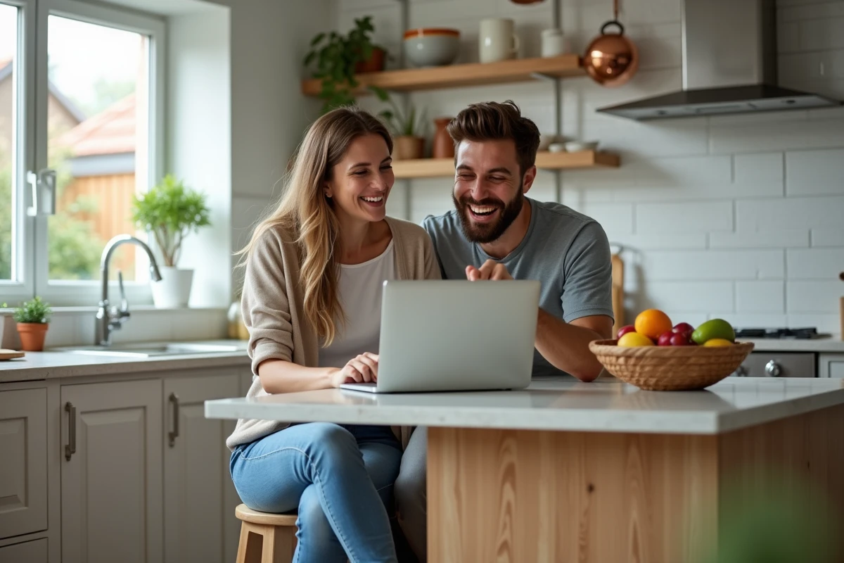 Couple regardant ensemble une plateforme de contenus maison sur ordinateur portable dans une cuisine moderne