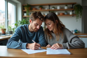 Jeune couple à la maison remplissant des papiers