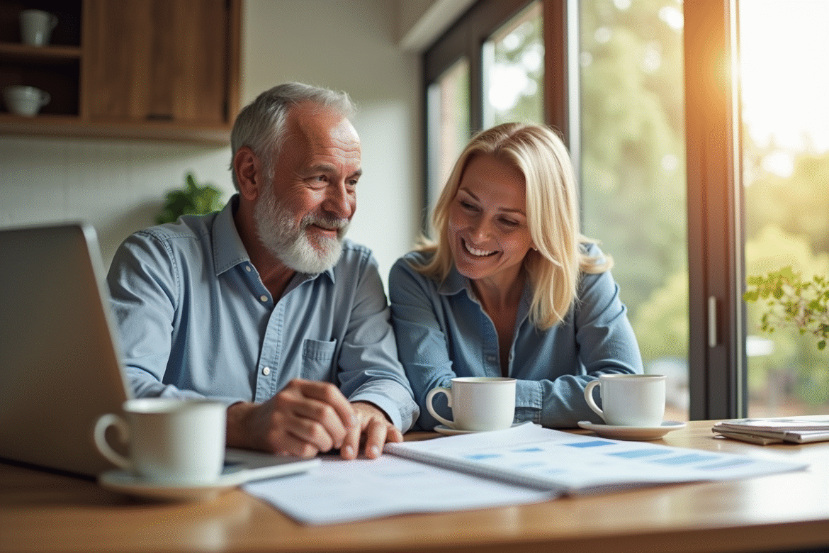 Couple souriant discutant finances à la maison