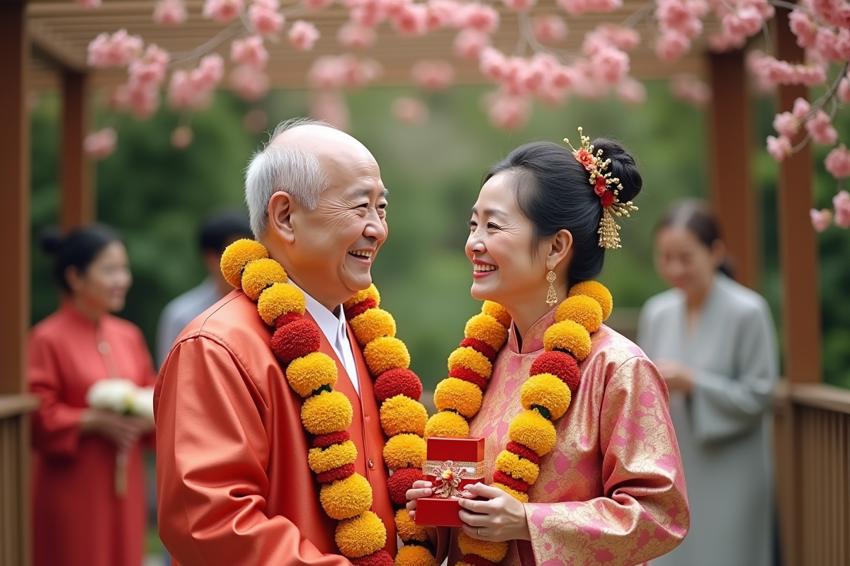 Couple asiatique en tenues traditionnelles sous une pergola fleurie