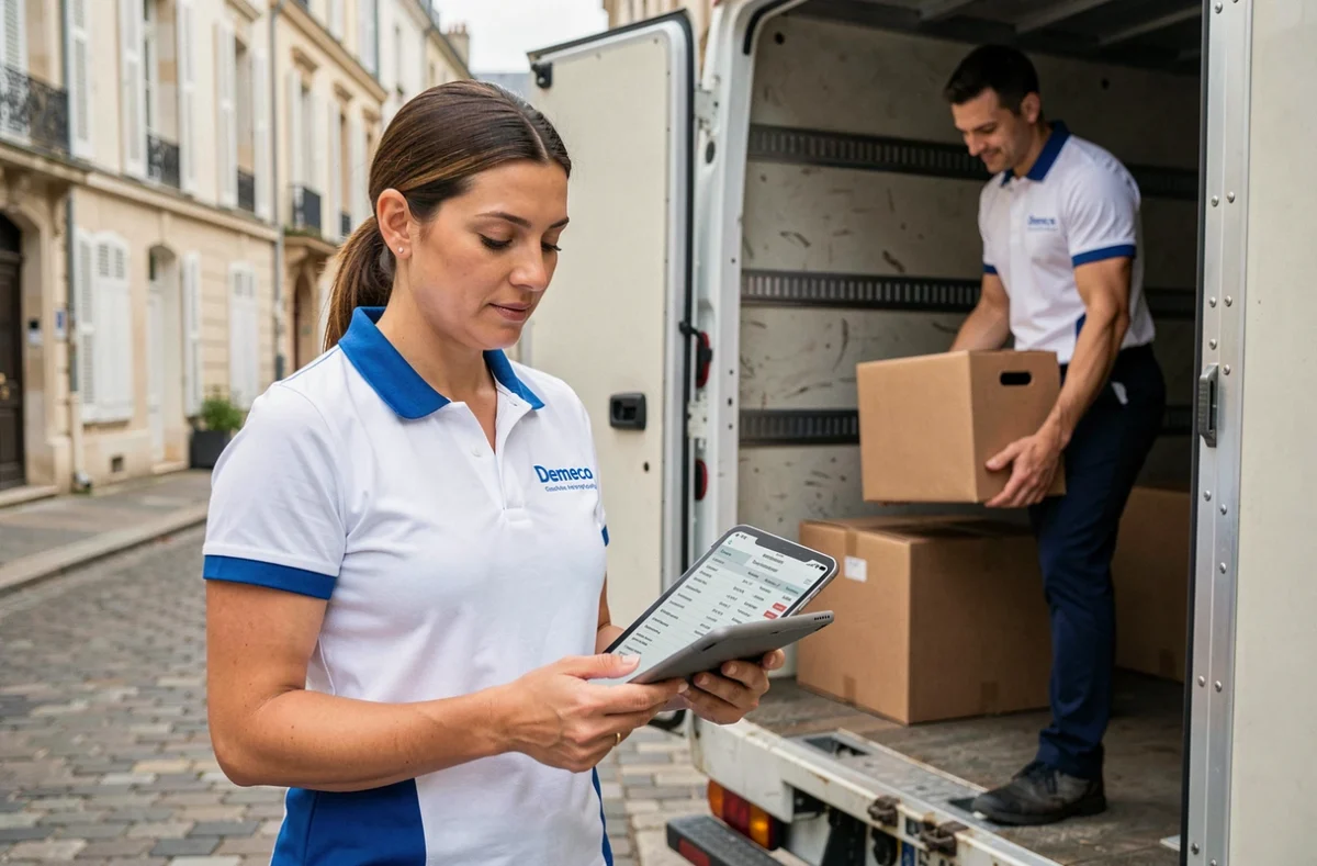 Coordinatrice de déménagement Demeco consultant un inventaire sur tablette devant un camion dans une rue résidentielle française