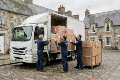 Équipe de déménageurs professionnels chargeant un camion dans une ville bretonne avec des bâtiments en granit typiques en arrière-plan