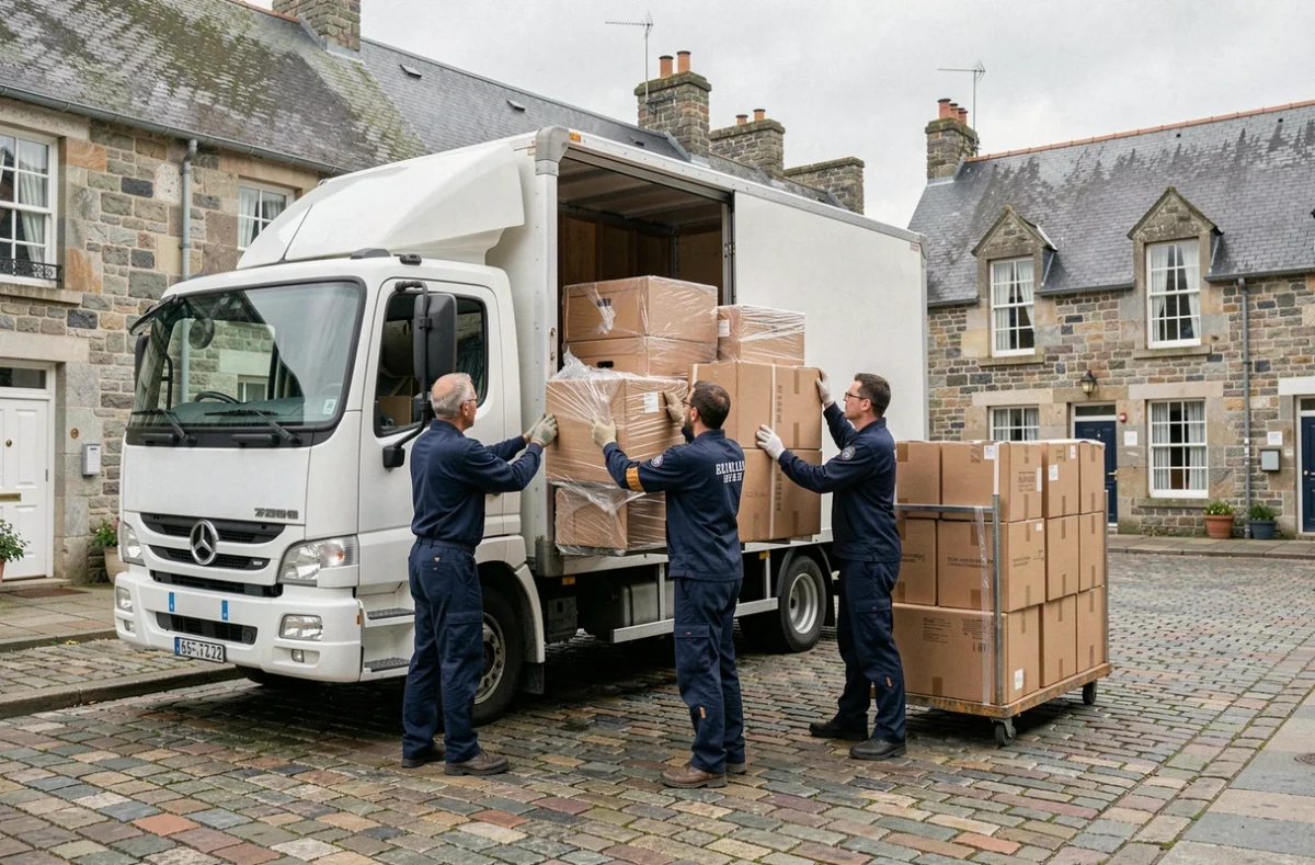 Équipe de déménageurs professionnels chargeant un camion dans une ville bretonne avec des bâtiments en granit typiques en arrière-plan