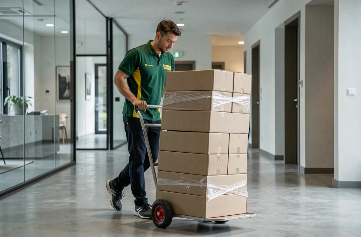 Déménageur de Déménagements Le Floch utilisant un diable pour transporter des cartons dans le hall d'un appartement moderne à Rennes