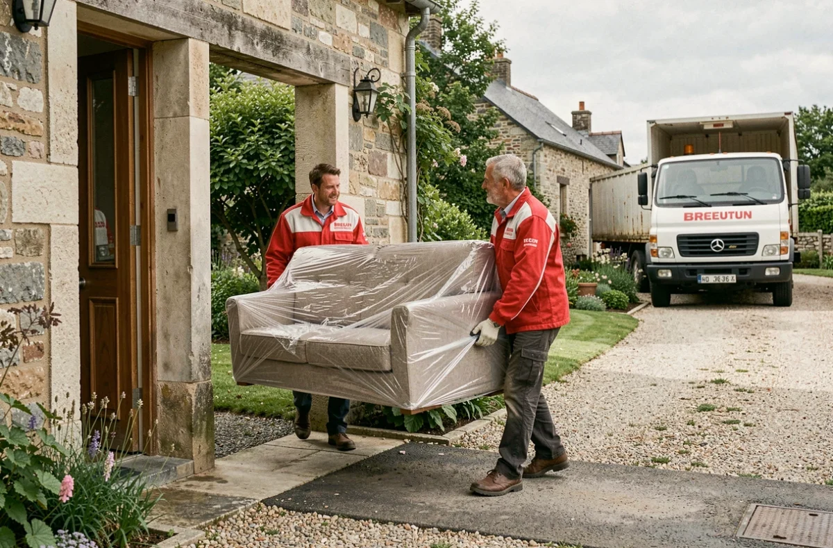Deux déménageurs bretons portant un canapé emballé hors d'une maison en pierre bretonne traditionnelle avec camion de déménagement visible