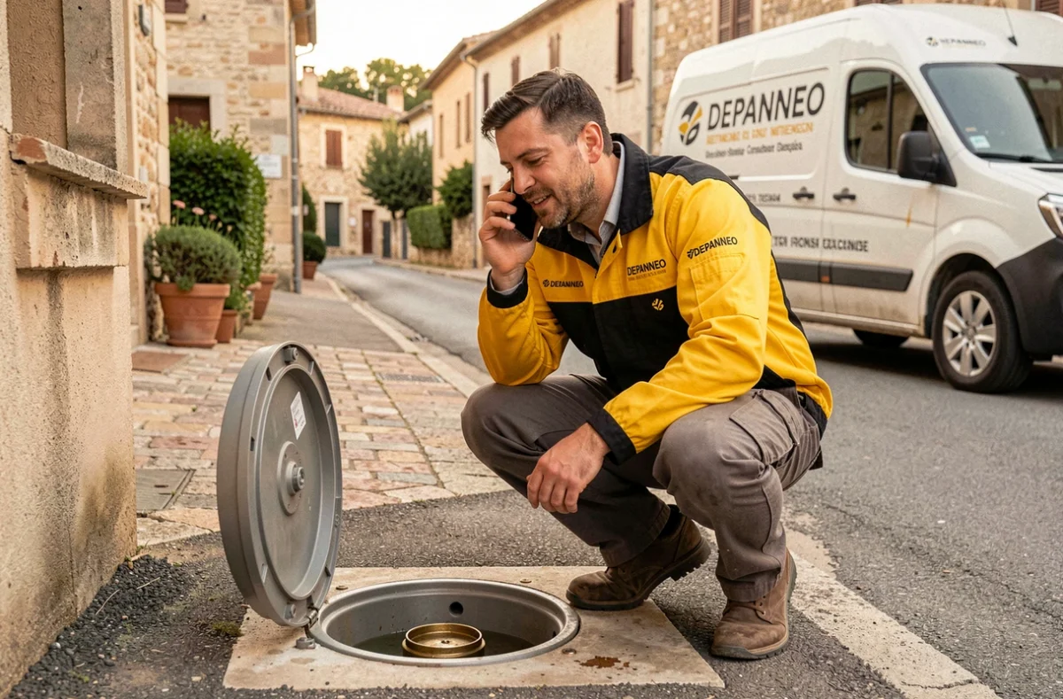 Plombier du réseau Depanneo intervenant sur un compteur d'eau dans une rue du Vaucluse