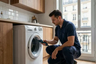 Technicien en dépannage d'électroménager intervenant dans un appartement parisien moderne