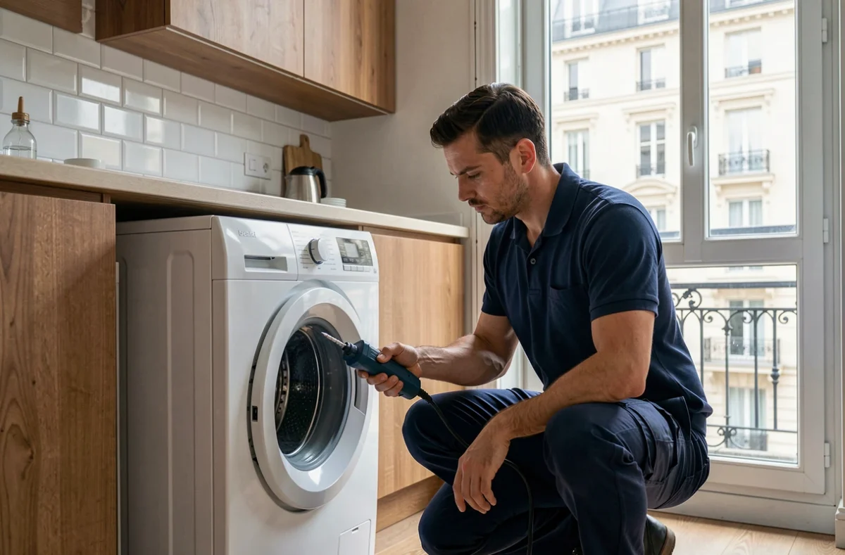 Technicien en dépannage d'électroménager intervenant dans un appartement parisien moderne