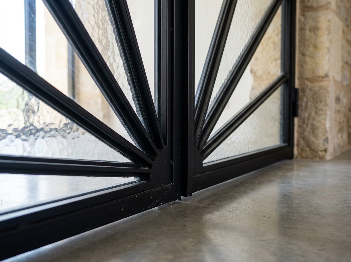 Détail de l'assemblage d'angle d'une verrière art déco sur mesure avec motif géométrique en acier noir et verre texturé