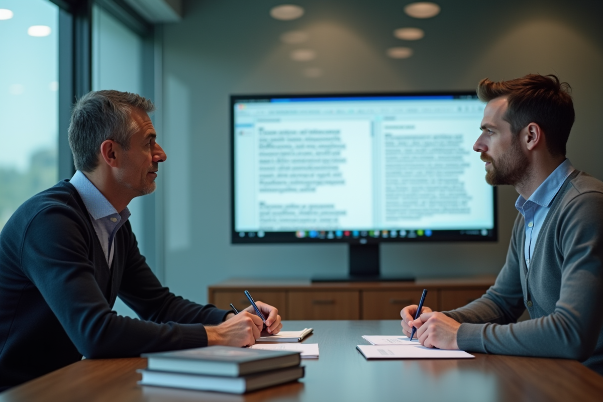 Deux hommes discutent traduction en réunion de bureau