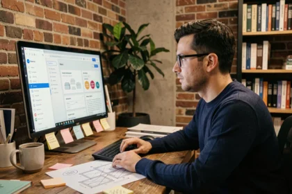Développeur web masculin travaillant sur l'évolution d'un site internet en 2026, entouré de wireframes et de notes dans un bureau à domicile