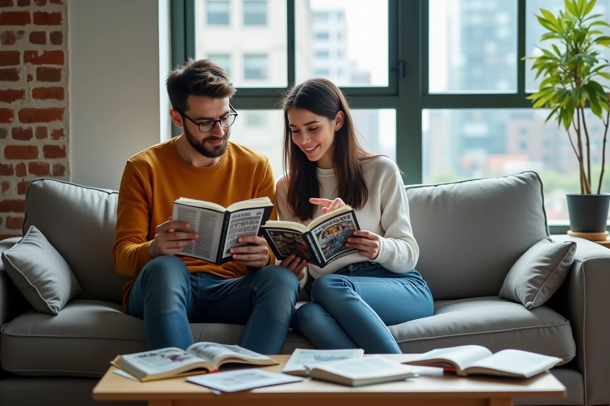 Deux jeunes adultes discutant de manga dans un salon urbain, comparant des volumes différents dans une ambiance décontractée et studieuse