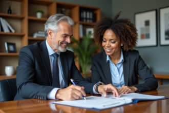 Adultes discutant de documents de prêt immobilier dans un bureau moderne