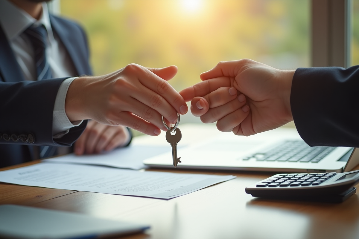 Echange de contrat et de clé sur une table avec documents et calculatrice