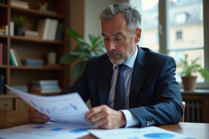 Economiste francais en costume analysant des graphiques