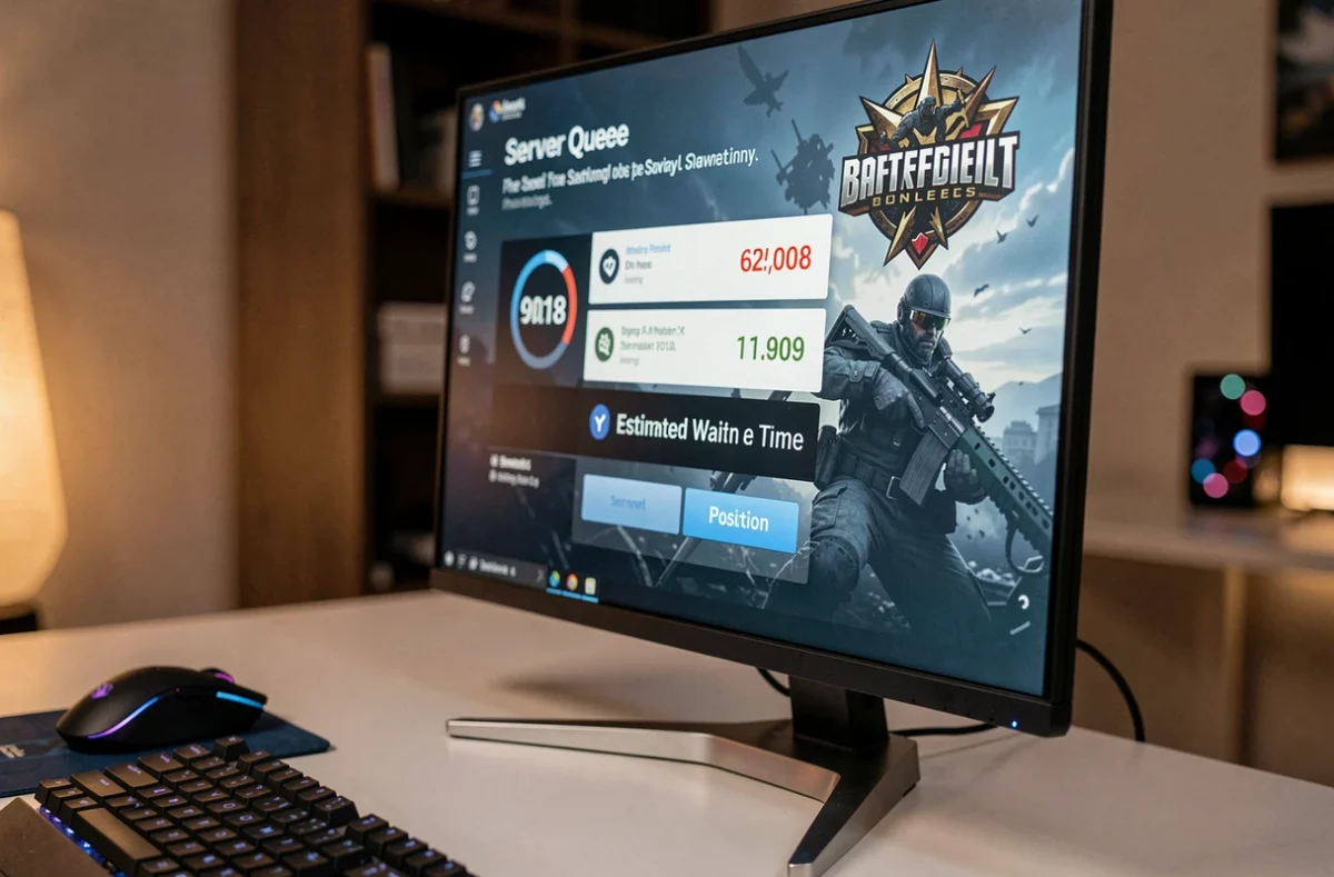 Écran de jeu affichant une file d'attente de serveur avec un compteur d'attente lors du lancement d'un titre multijoueur