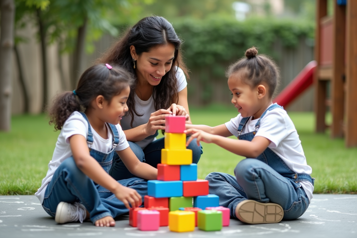 Assistante guidant enfants construisant une tour de blocs