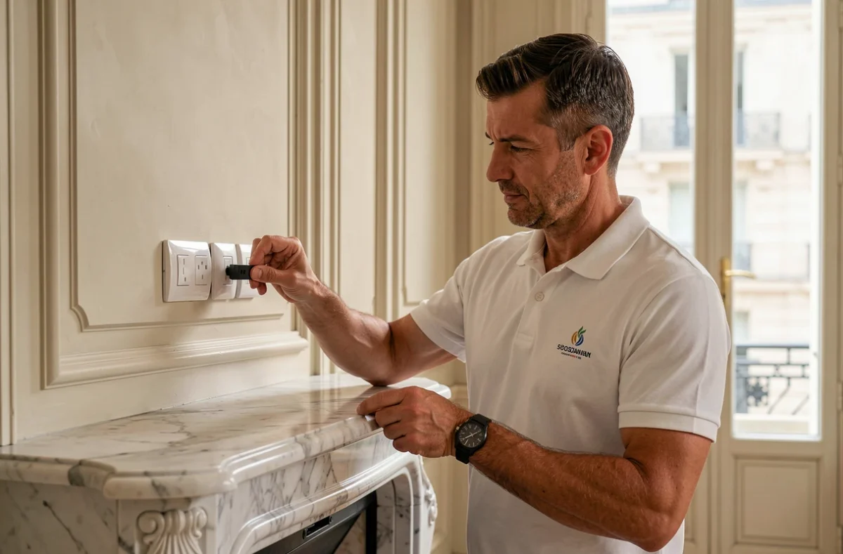 Électricien Electricien Paris 16 installant des prises murales dans un appartement de luxe du 16e arrondissement