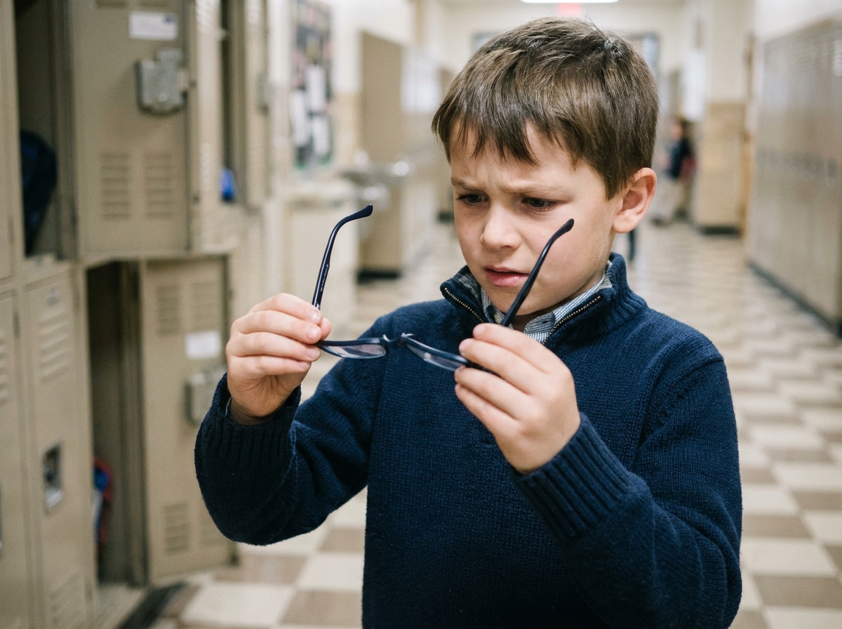 Jeune garçon en pull marine tenant ses lunettes cassées et examinant la monture abîmée dans un couloir scolaire