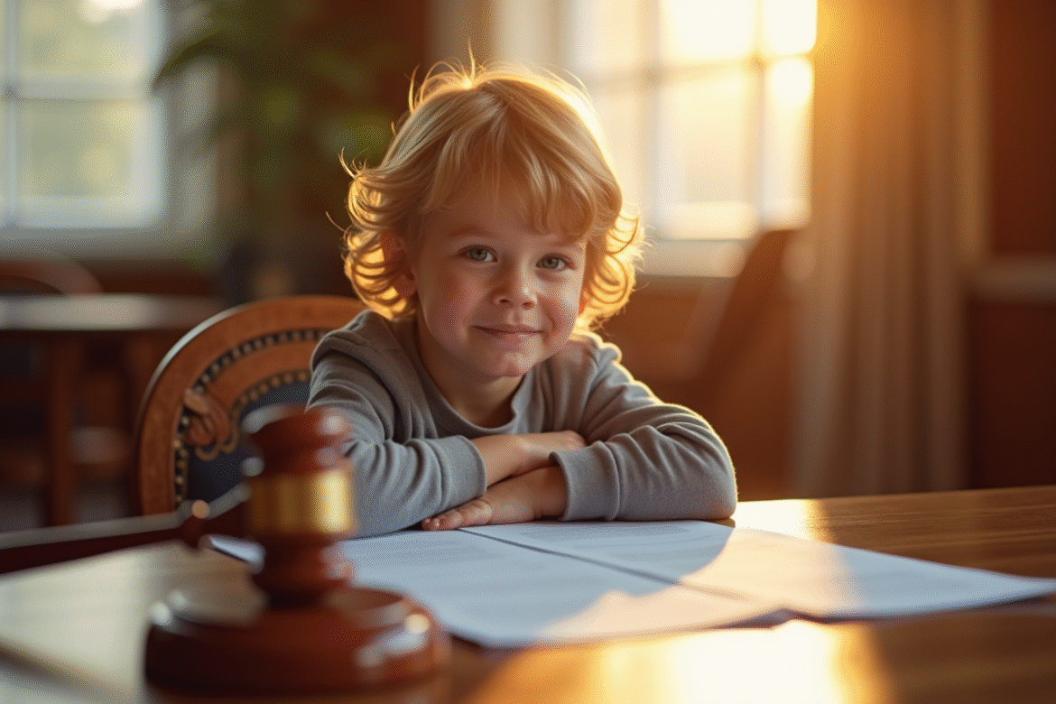 Enfant pensif à un bureau en justice avec documents et marteau