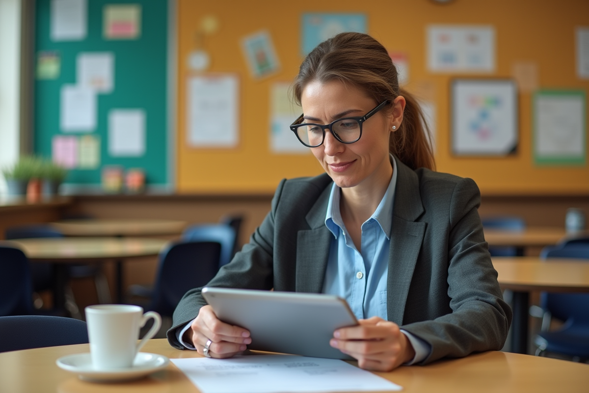Enseignante en salle du personnel vérifiant des devoirs numériques