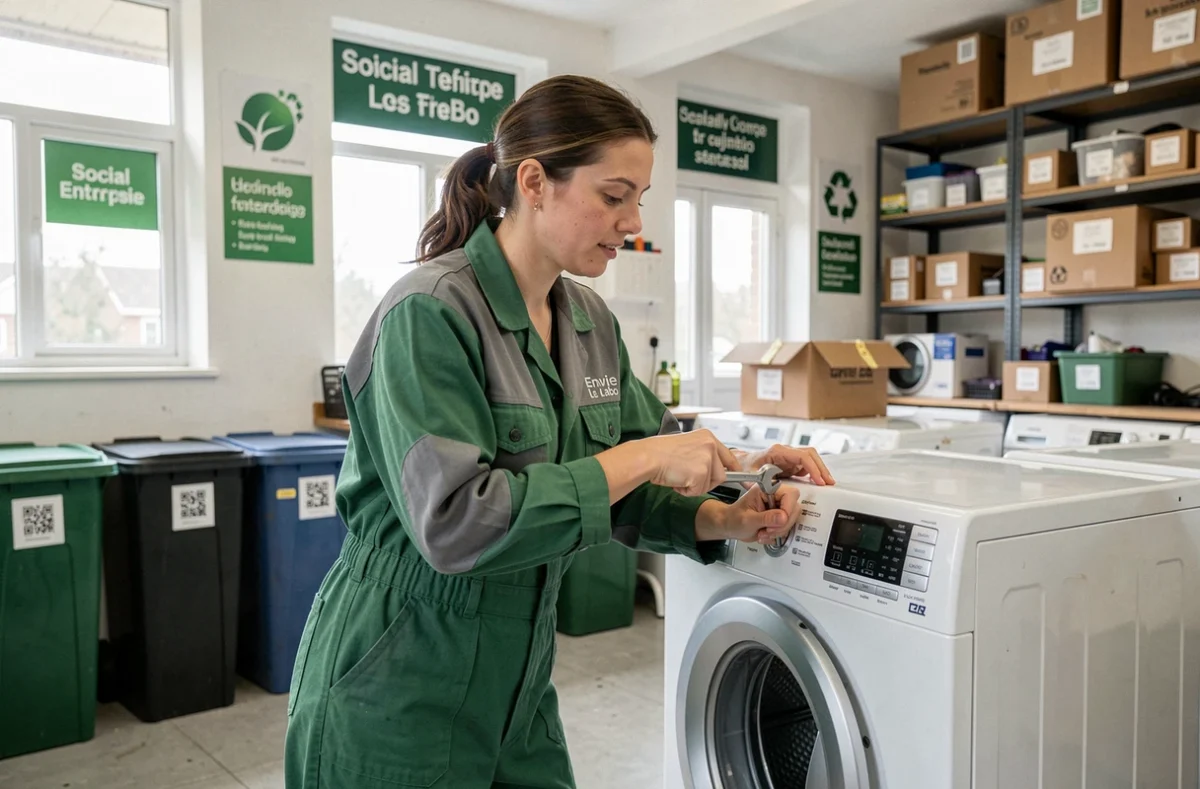 Technicienne Envie Le Labo reconditionnant un électroménager dans l'atelier associatif parisien