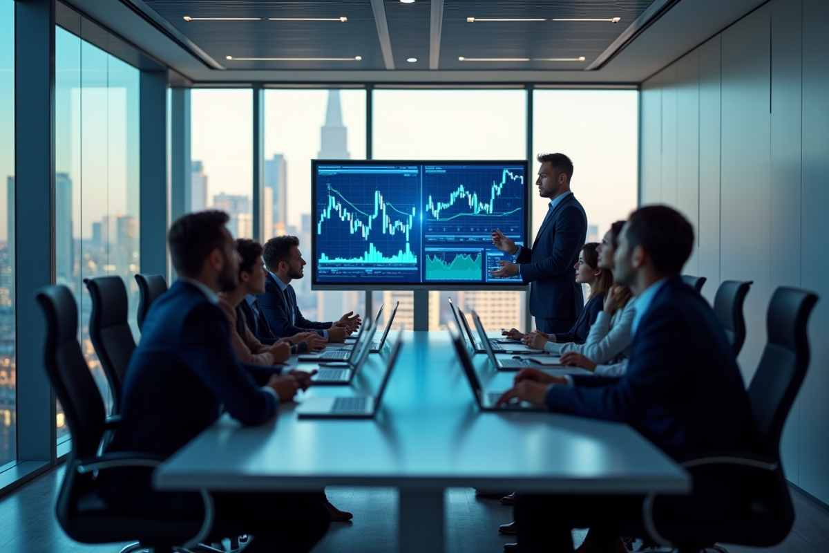 Equipe de gestionnaires financiers discutant stratégies en réunion