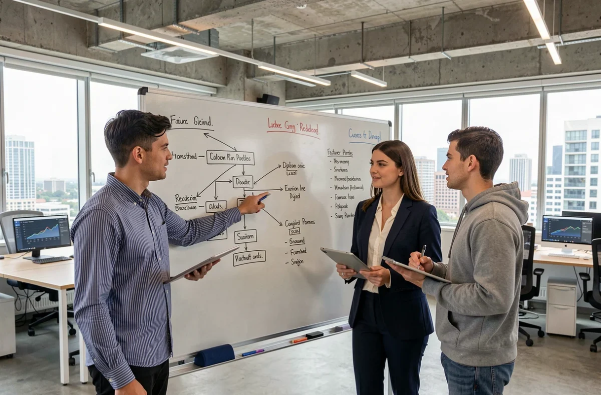 Équipe de professionnels planifiant les nouvelles fonctionnalités et l'avenir d'un projet de site web dans un espace de travail moderne