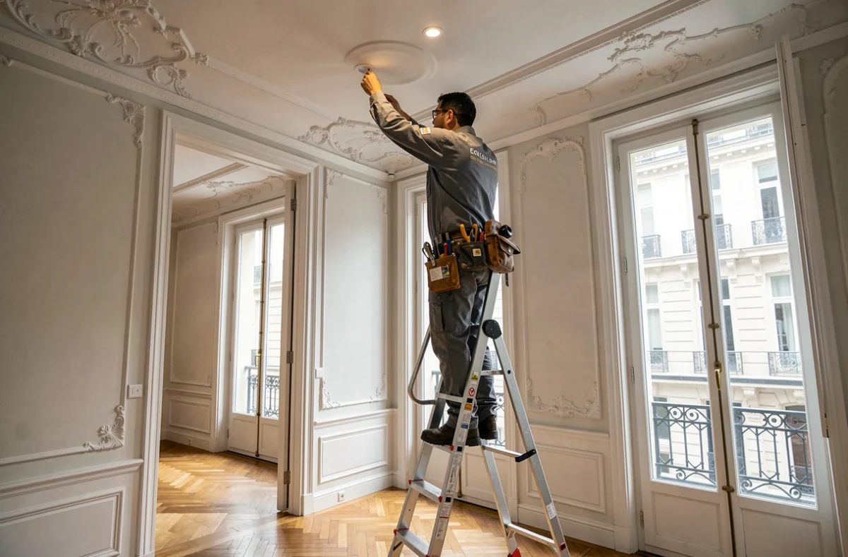 Technicien de l'Établissement Laroche installant des spots encastrés dans un appartement haussmannien parisien