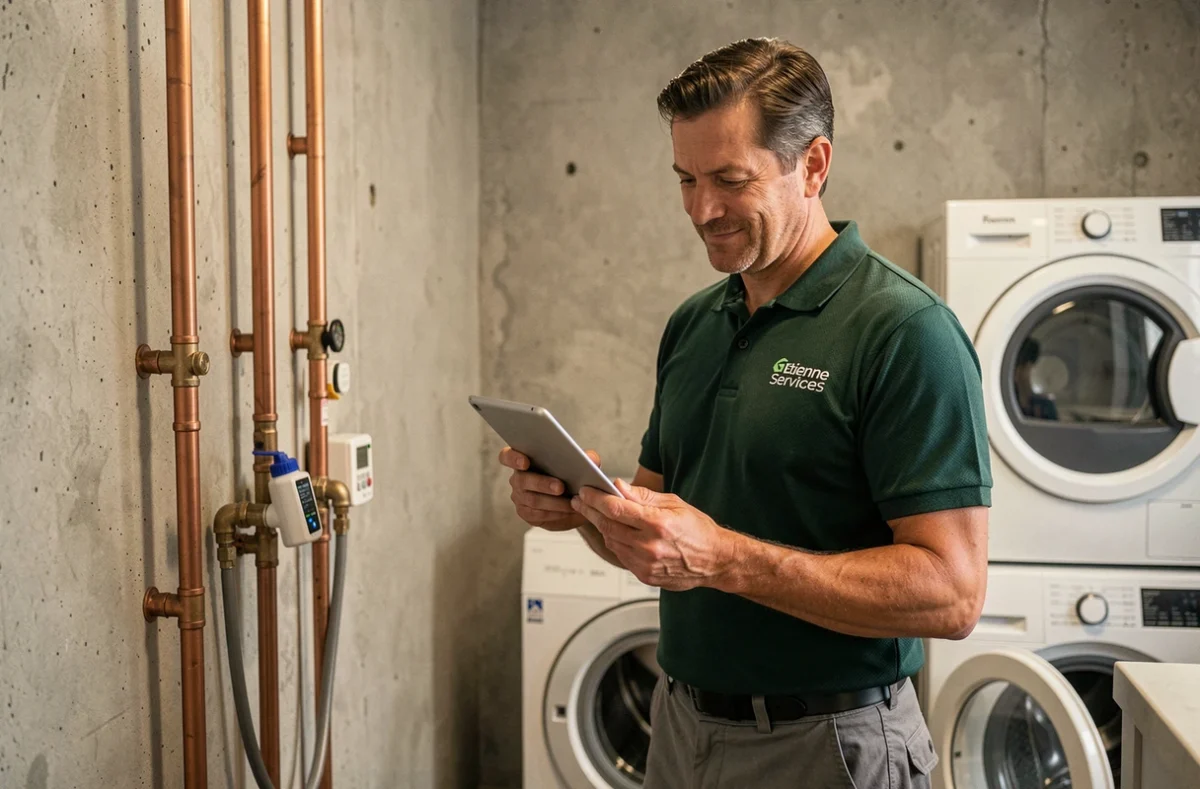 Technicien Etienne Services consultant une tablette devant une installation de plomberie