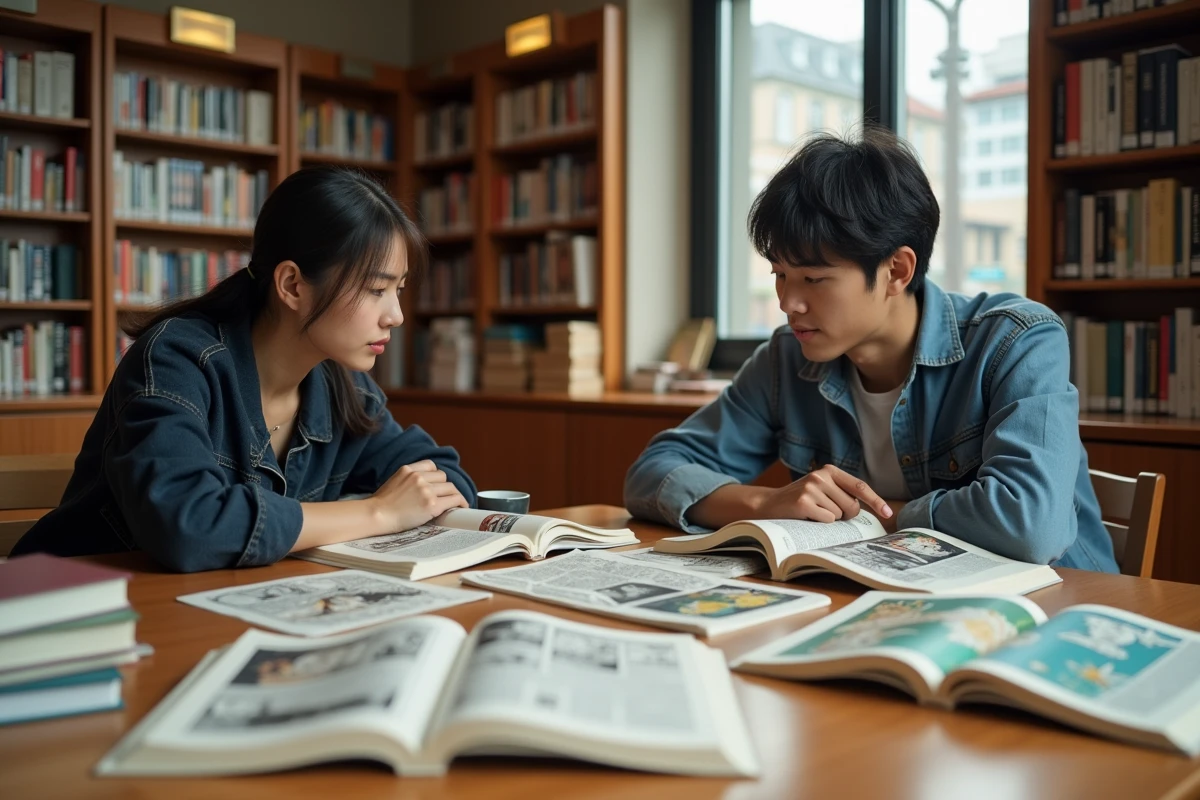 Deux adultes étudiant des volumes de manga et des scans imprimés à une table de bibliothèque